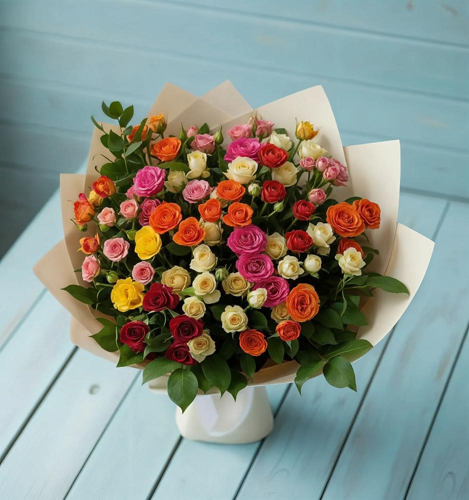 Букет Микс из разноцветных кустовых роз в Угре